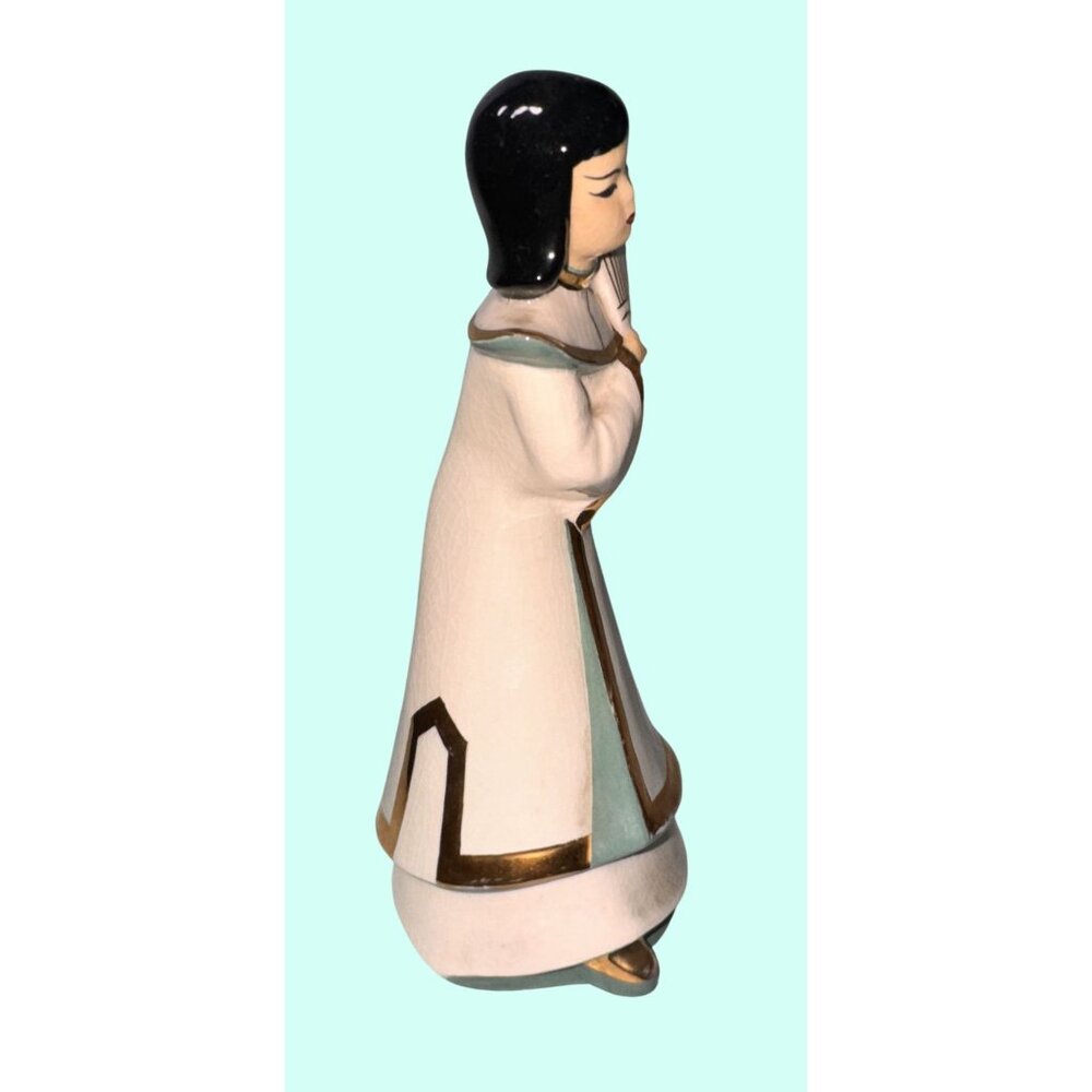 Vintage 1949 Kliene Co Ceramic Figurine asian Woman Holding Fan Gold Accents - Picture 4 of 6